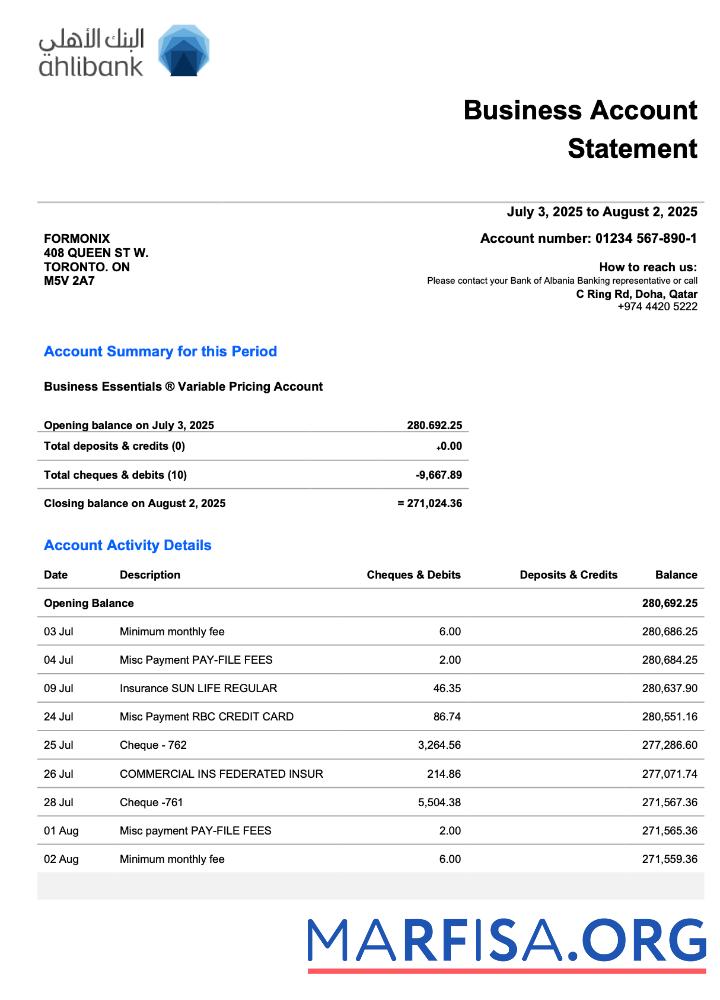 Blank Qatar Ahlibank business firm statement Word and PDF format sample